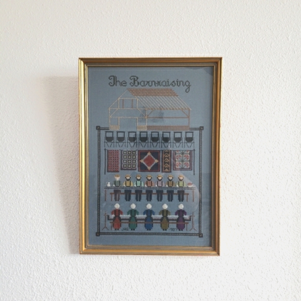 The Barn Raising 1987 Amish Crossstitch Picture Framed Under Glass